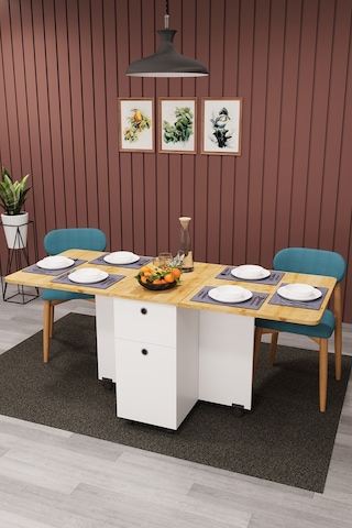 Asra Trend KM-02 %100 MDF 168x70 cm Katlanır Akıllı Mutfak Masası Tekerlekli Servis Masası Beyaz Safir Meşe