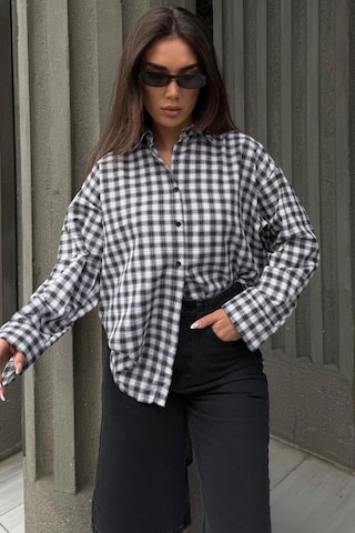 Madmext Siyah Oversize Kareli Kadın Gömlek Mg2822