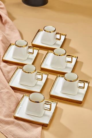 Carmen 6 Kişilik Porselen Gold Detaylı Kahve Fincan Takımı