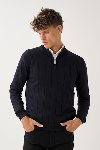 Dikey Dokuma Desenli Fermuarlı Triko Kazak Lacivert