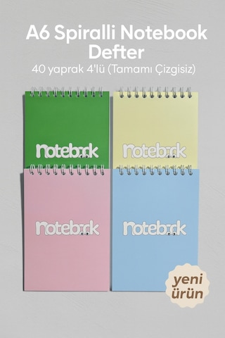 A6 Spiralli Notebook Defter 40 Yaprak 4'lü Tamamı Çizgisiz