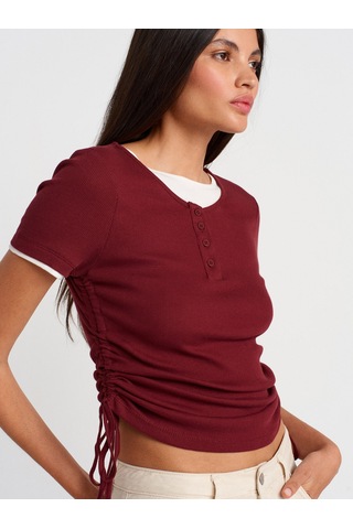 Dilvin 31816 Çift Katlı Büzgülü T-shirt-açık Bordo Açık Bordo