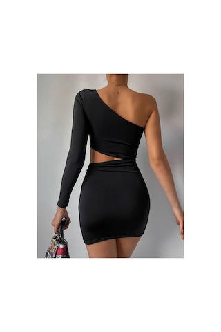 J&kstores Asimetrik Kesim Bel Detaylı Tek Kol Mini Elbise Siyah