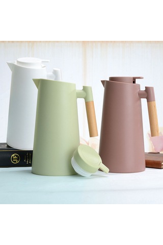 Monyee Ev İçin 1l Cam Fincanlı Isı Saklama Potu, Ahşap Saplı Çift Katlı Vakumlu, Isı Ve Soğuk Tutucu Kahve/su/su İçeceği Dispenseri Yeşil