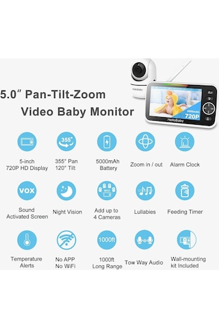 Hellobaby Video Bebek Monitörü, 5 Inç Split Ekran, 30 Saat Pil Ömrü, 355 Pan-tilt-zoom, Gece Görüşü Kamera Sistemi