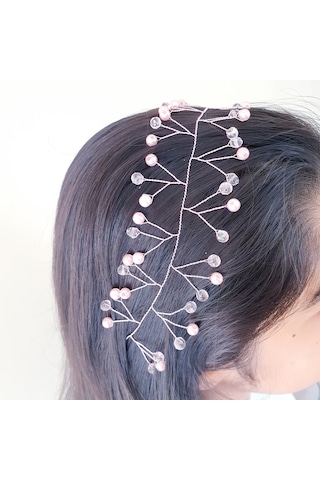 Toz Pembe Incili Ve Kristal Boncuklu Gelin Tacı