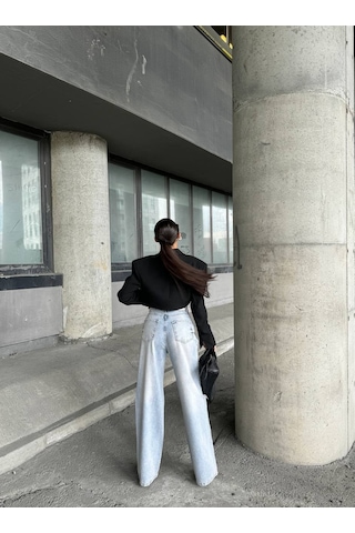 Herton Yüksek Bel Geniş Paça Jean - Dizleri Yırtık Detaylı Wide Leg Denim Pantolon Açık Mavi