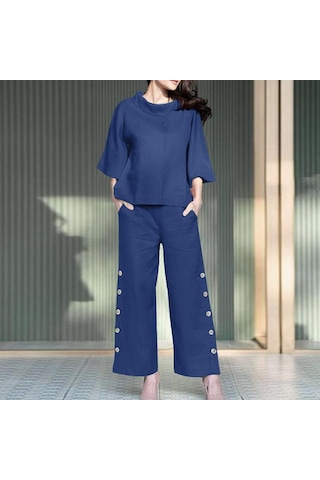 Zanzea Pamuklu Kıyafetler Bayan Bluz Ve Pantolon Yaz İki Parçalı Takım Elbise Set Mavi