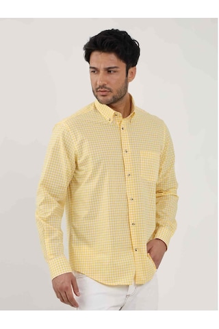 Dufy Sarı Erkek Regular Fit Kareli Brent Düğmeli Yaka Uzun Kol Gömlek - 102349-sarı Sarı