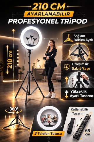 Ring Light Led Işık Halkası 21 Inç 54 Cm Profesyonel Stüdyo Işığı Ve 210 Cm Döküm Ayak Kumanda Çanta Siyah