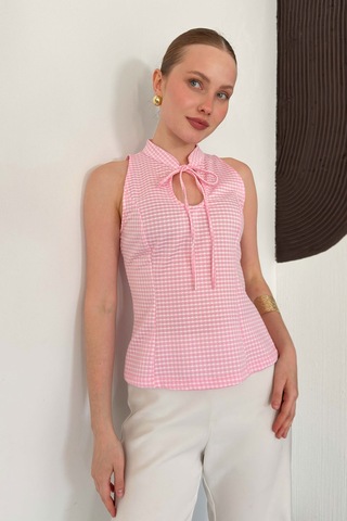 Verymoda Pitikare Yakadan Bağlamalı Bluz Pembe