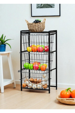 Dekoratif Siyah Metal Sebzelik 3 Raflı Tel Sepetli Çok Amaçlı Stand Siyah