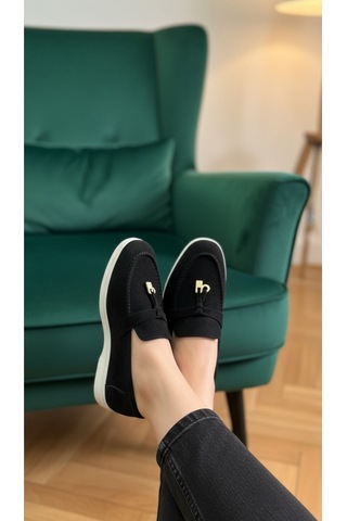 Dabab Shoes Lupy Kadın Süet Düz Taban Rahat Günlük Casual Babet Ayakkabı Siyah