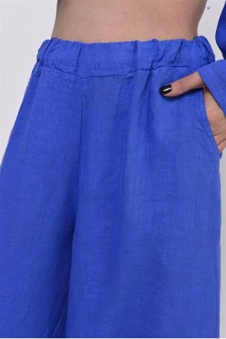 Eren Style İtalyan Fisto Paça Detaylı Keten Pantolon-9893 Mavi