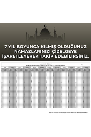 7 Yıllık Namaz Takip Çizelgesi A4 Boyutundadır Beyaz - Siyah
