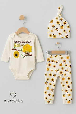 Babyden's Anneannesinin Balı 3 Lü Yenidoğan Takım Pamuklu Uzunkol Body,çiçek Arı Desenli Pantolon,bere Ekru