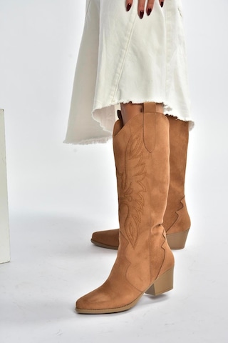 Fox Shoes V820356002 Taba Süet Kalın Topuklu Kadın Çizme Taba