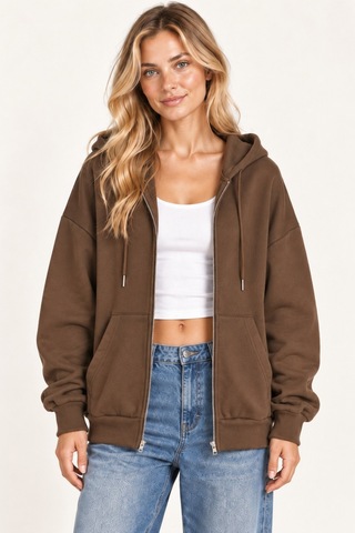 Cool Tarz Unisex Oversize Fermuarlı Kapüşonlu Sweatshirt 3 İplik Şardonlu Kahverengi Kahverengi