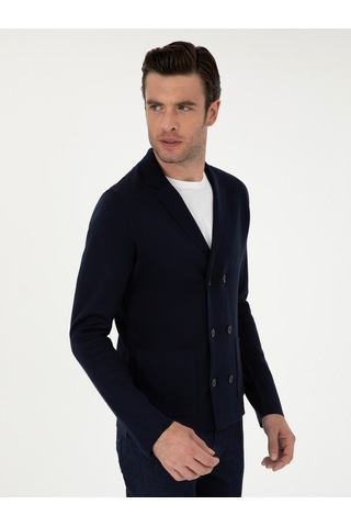 Cacharel Lacivert Slim Fit Yün Karışımlı Kruvaze Triko Hırka