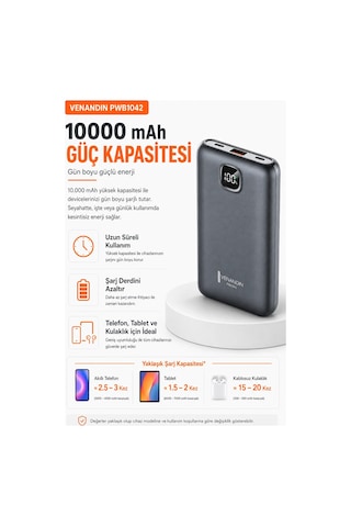 Çok Girişli 10000 Mah Powerbank 22.5w Hızlı Şarj Destekli Mobil Batarya Çok Renkli
