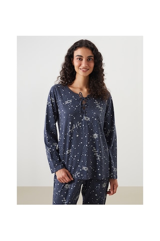 Lcw Dream Lacivert Bağlamalı Yaka Baskılı Kadın Pijama Takımı
