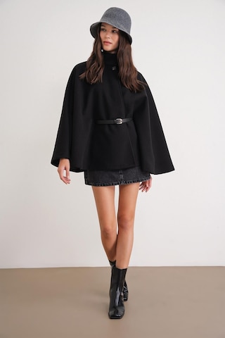 4768 Kadın Kemerli Panço Premium Kaşe Ceket Siyah Siyah