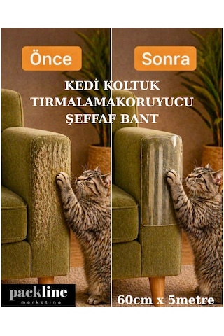 Packline Marketing Kedi Koltuk Tırmalama Koruyucu Şeffaf Yapışkanlı Mobilya Tırmalama Önleyici Bandı 60cm X 5metre