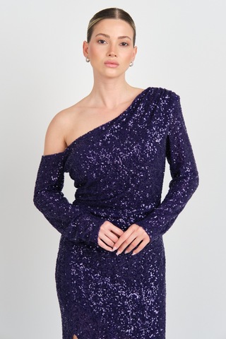 Explosion Kadın Full Pul Payetli Tek Omuz Detaylı Abiye Elbise 7687 Mor Mor