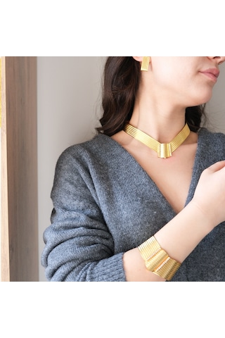 Ferizz Altın Kaplama Trabzon Hasır Kolye, Küpe, Kelepçe Set Altın