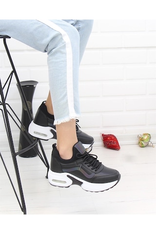 Nesil Shoes Flet 121 Siyah Air Taban Kadın Sneakers Beyaz - Siyah