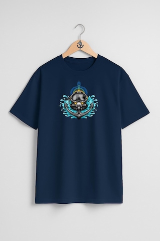 Oversize Çapa Ve Dalış Başlığı Göğüs Tasarımlı Unisex T-shirt Lacivert