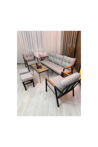 Balkon, Bahçe - Metal Kanepe Koltuk Takımı 3+1+1 + 2 Adet Puf + Sehpa