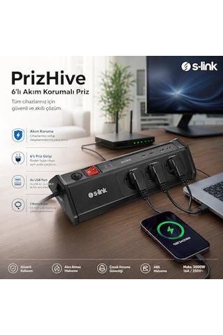 S-link Prz03 Prizhive 3 Metre 630 Joule 3x1.5mm 2xusb 2xtype C 2.4a/5v 250v 16a/3860w 6 Lı Akım Ve Çocuk Korumalı Priz, 16a Sigortalı Yıldırım Korumalı Priz