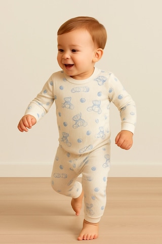 Aden Kids Raporlu Kumaş Desenli Çocuk Pijama Takımı Buz Mavi