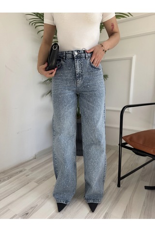 Keymoda Kadın Wide Leg Taşlı Jean Mavi