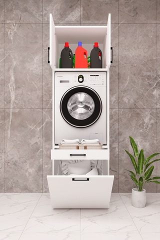 Mdf Çamaşır Makinesi Dolabı Sepetli Beyaz