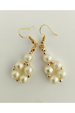 K204 İncili Sallantılı Küpe Altın - Beyaz