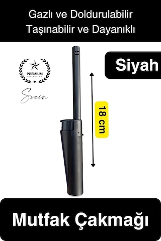 Premium 18 Cm Siyah Basmalı Uzun Mutfak Çakmağı Gazlı Doldurulabilir Mum Mangal Kamp İçin Ateş