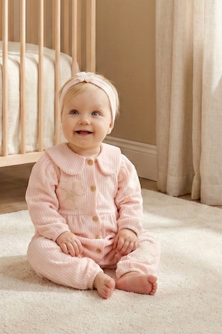 Babymod Bebe Yaka Çiçek Motifli 100% Pamuk Bandanalı Kız Bebek Tulum Somon