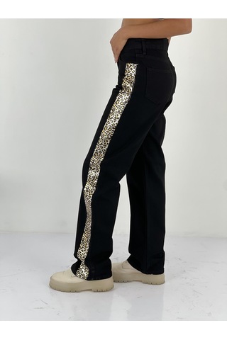 Miss Poem Kadın Yanları Leopar Desenli Denim Siyah Kot Pantolon Siyah