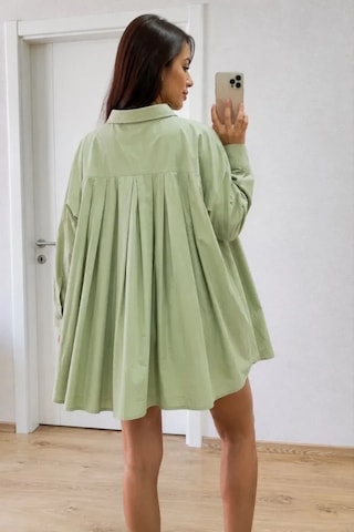 DefyModa Oversize Pens Detaylı Cepli Yırtmaçlı Rahat Kalıp Poplin Gömlek - Yeşil