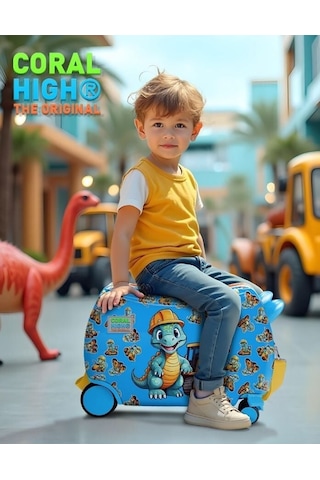 Coral High Otur-çek Erkek Çocuk Valizi - Mavi Sarı Dinazor Çok Renkli