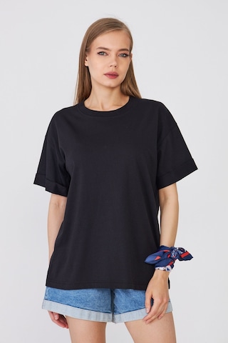 Hdm Kadın Siyah Basic Oversize %100 Pamuklu Rahat Kesim Günlük Tişört - H6041