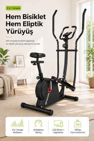 Flex 2'si 1 Arada Eliptik Kondisyon Bisikleti Nabız Ölçerli 8 Kademeli Dirençli Egzersiz Aleti Siyah