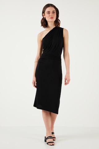 Lela Slim Fit Tek Omuzlu Yırtmaçlı Bağlama Detaylı Midi Bayan Elbise 5866272 Siyah