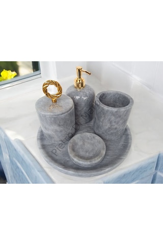 Gri Mermer Klasik Model 5 Parça Gold Renk Halka Aksesuarlı Banyo Seti Gri