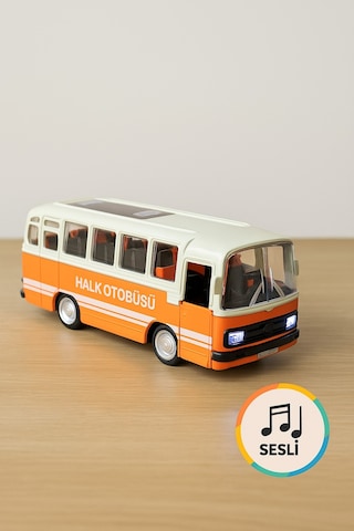 Nostaljik Halk Otobüsü 11 Cm Pilli Sesli Işıklı Kapısı Açılır Yumuşak Tekerlekli - Turuncu