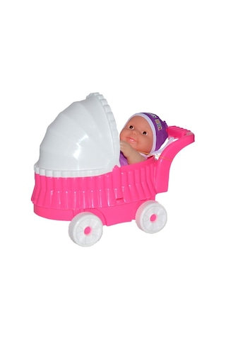 Oyuncak Bebek Arabası Ve Bebek 22 Cm Arabalı Puset, 20 Cm Bebek, Renkli Kıyafetli Mini Bebek Seti