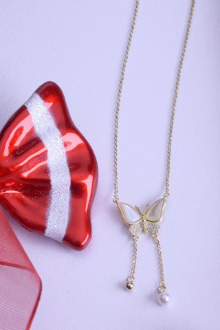 Innuendo Jewelry 925 Ayar Gümüş Sedefi İncili Taşlı Kelebek Kolye Altın