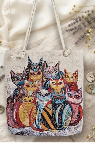 Genel Markalar Goblen Kadın Omuz Çantası+ Kedi Desen2 Krem.karışık Renkli Desenli